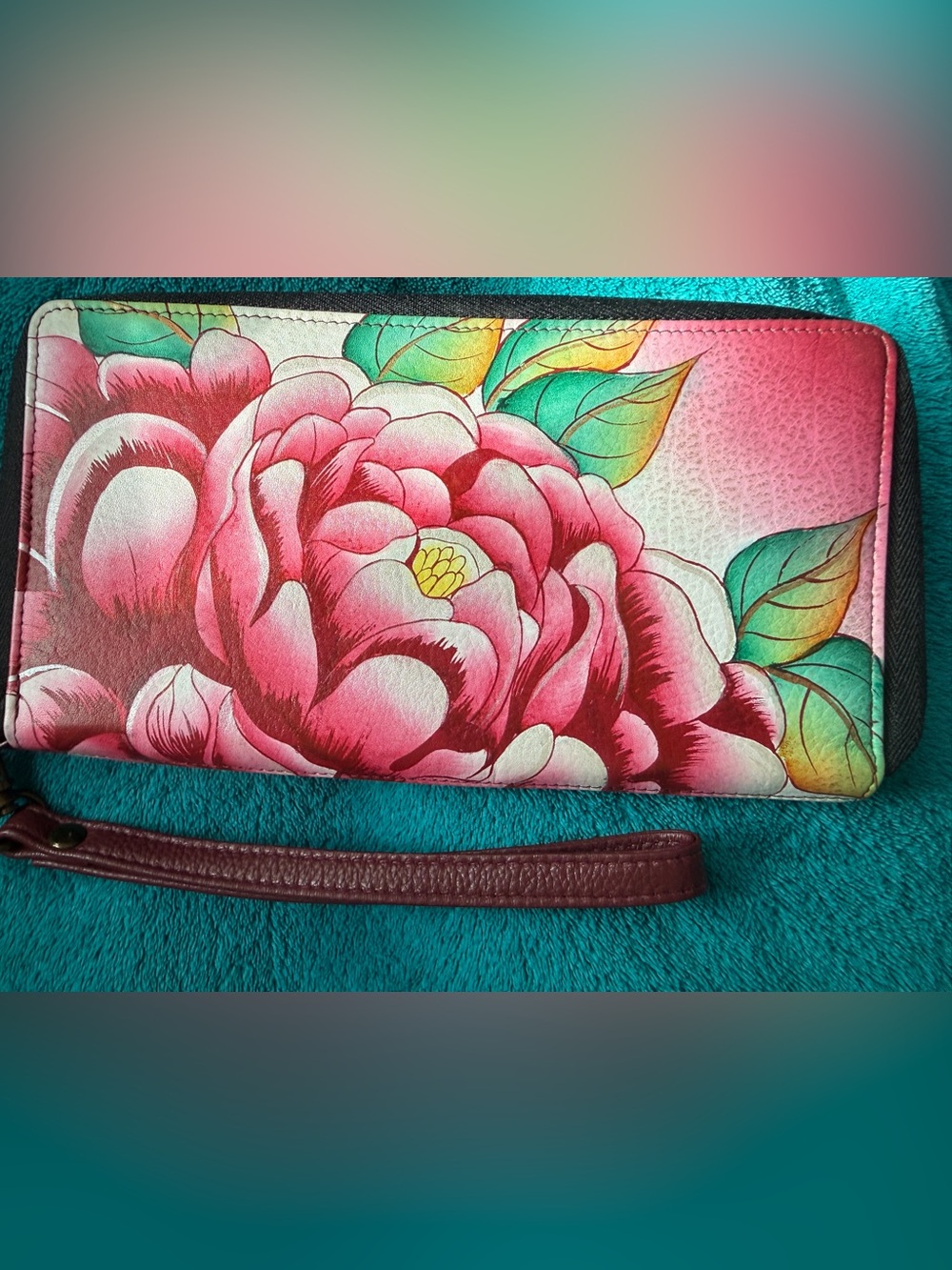 Anna by Anuschka Hand Painted Leather Peony Flower Wristlet Clutch Wallet NWT